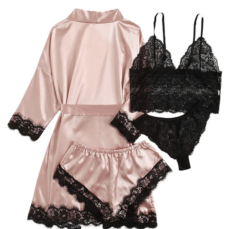 Pijamas de cetim pintado com renda Set de 4 peças