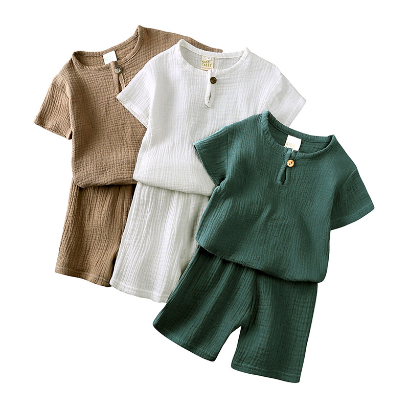 Criança Muslin vestido conjunto redondo decote manga curta